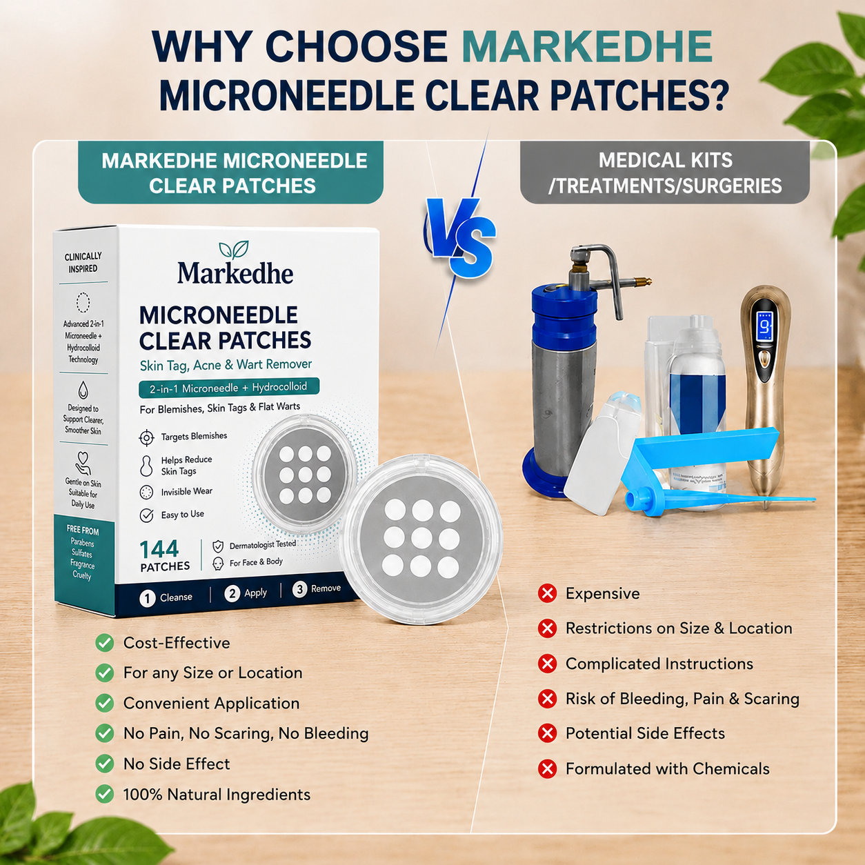 Markedhe 2-in-1 Microneedle & Hydrocolloid Patch🍀| Removes Raised Moles, Acne, Flat Warts & Skin Tags | Helps Improve Wrinkles, Scars & Blemishes | Invisible Patches for Face & Body